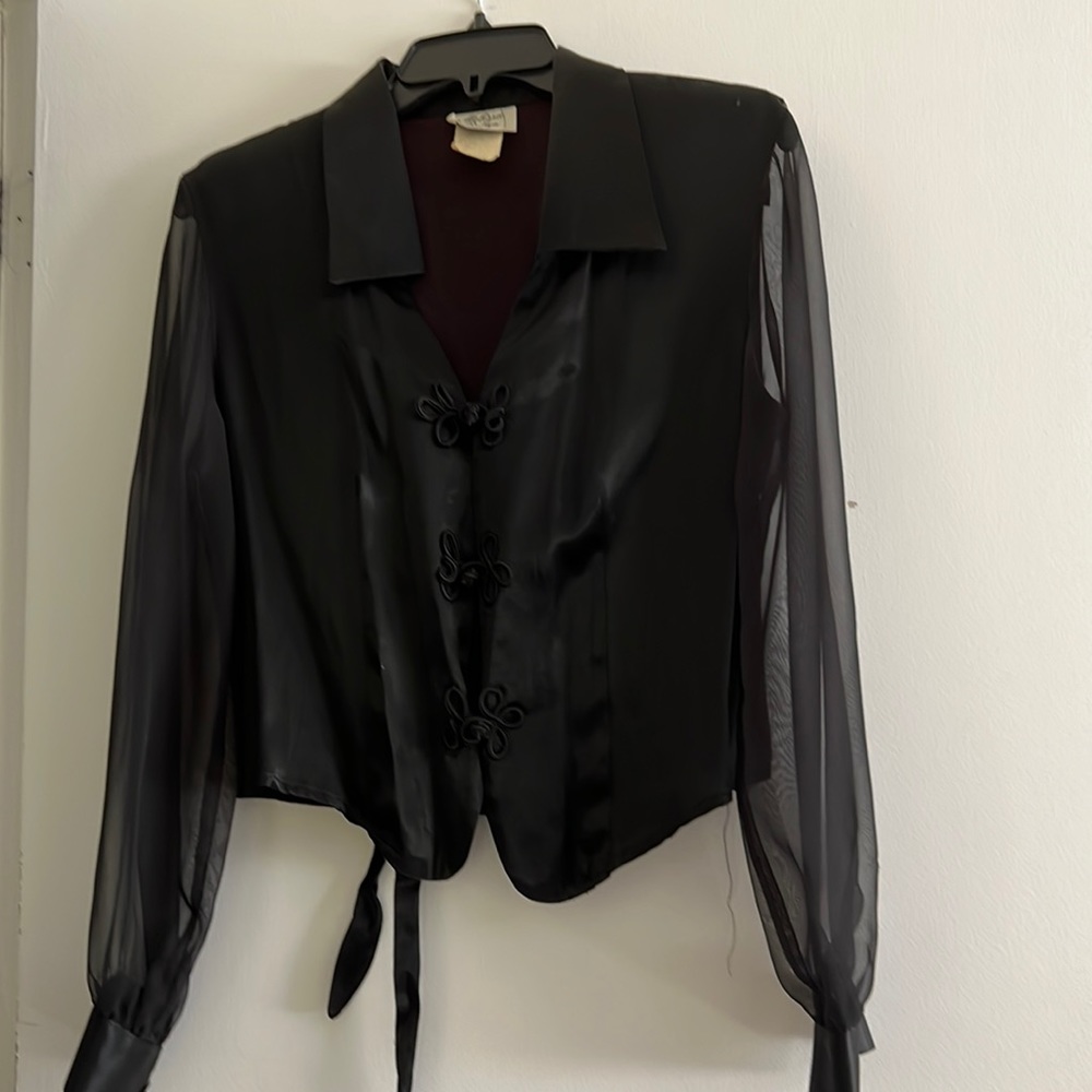 Black sheer sleeves crop shirt looks great dressed up or with jeans